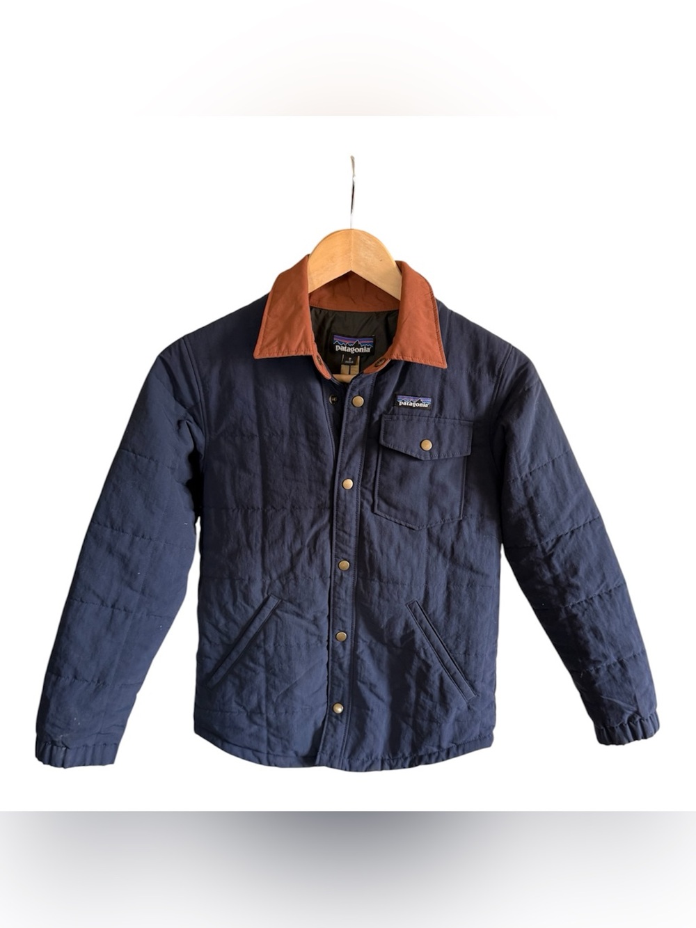Patagonia Kids' Boys’ Navy Quilted Fall Autumn Jacket with Brown Collar Medium